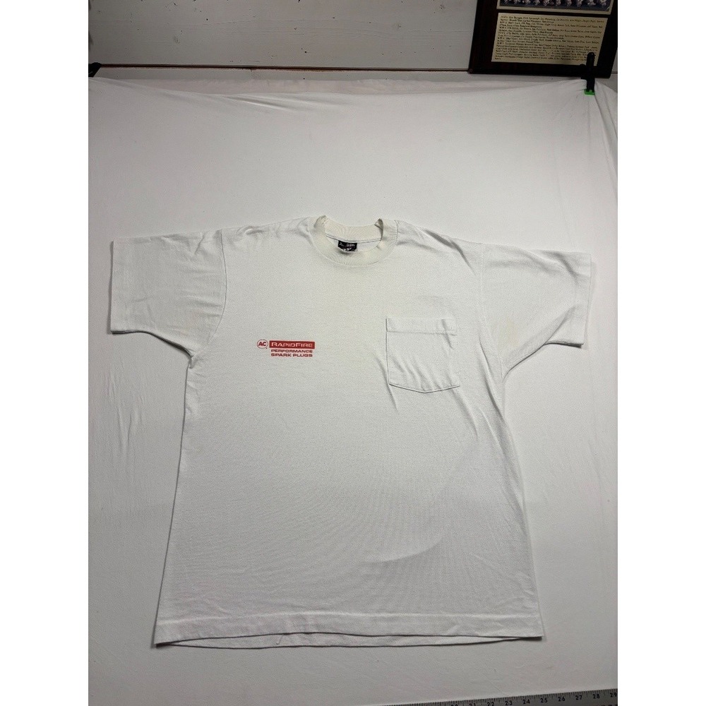 Vintage Fruit of the Loom AC RapidFire Spark Plugs Pocket Tee Large White 90s